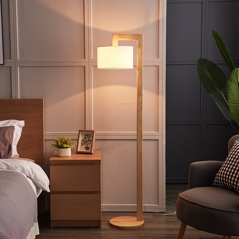 Japanese Right Angle Arm Floor Lamp, Beige Wood/Fabric – Living Room, Home Office