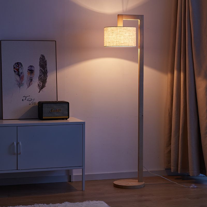 Japanese Right Angle Arm Floor Lamp, Beige Wood/Fabric – Living Room, Home Office