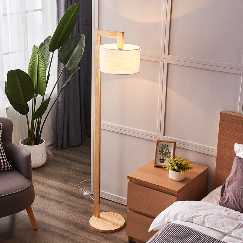 Japanese Right Angle Arm Floor Lamp, Beige Wood/Fabric – Living Room, Home Office