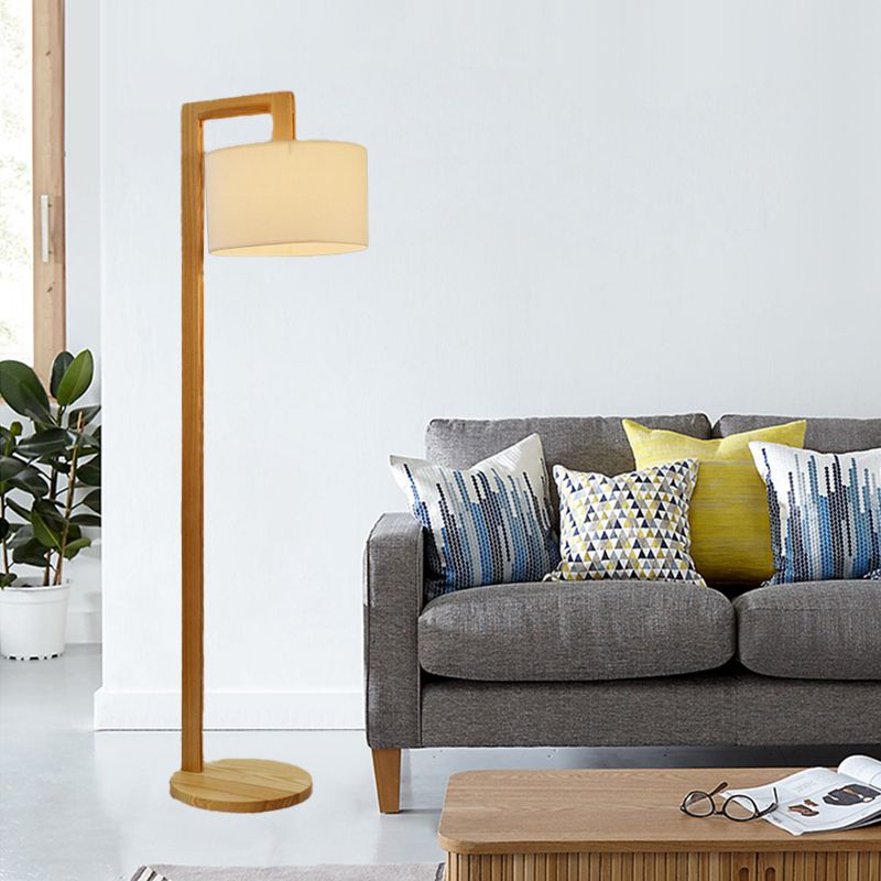 Japanese Right Angle Arm Floor Lamp, Beige Wood/Fabric – Living Room, Home Office