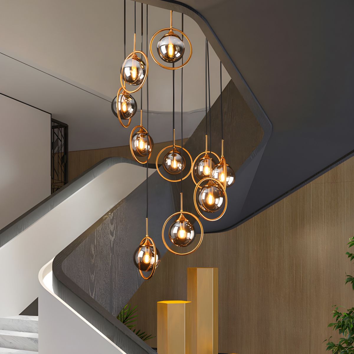 Moderne Spiral-Ball-Glas Treppen-Chandelier – Wohnraum, Beleuchtung