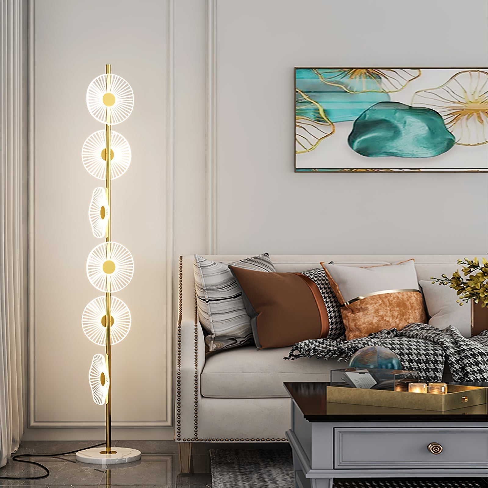 Moderne Stehlampe mit Kreativem Kreis, Weiß/Gold – Schlafzimmer, Wohnzimmer