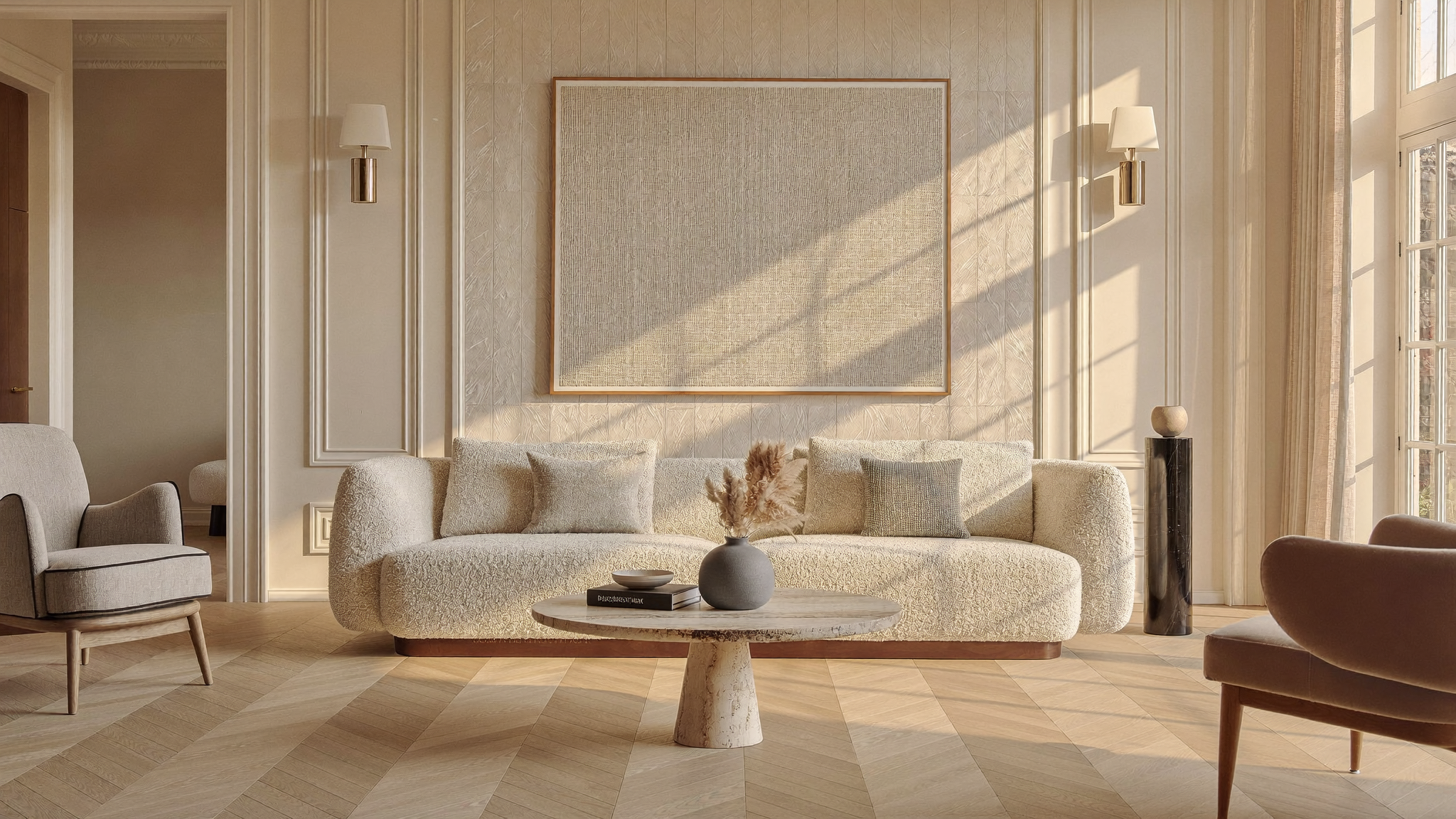 A beautifully styled living room featuring a textured cream boucle sofa as the central product, styled with neutral-toned pillows, a round wooden coffee table, and elegant wall sconces under a large framed art piece.